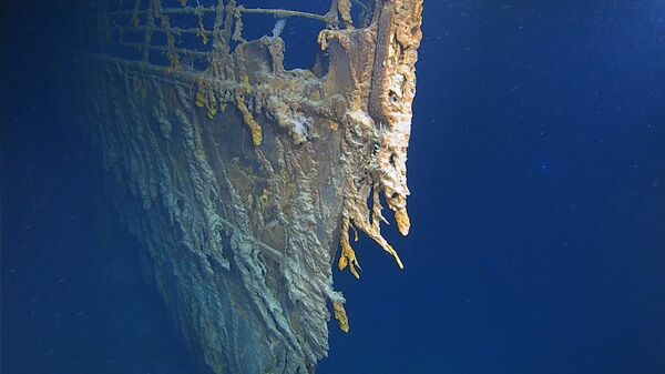 This August 2019 photo courtesy of Atlantic Productions shows the latest image of the bow of RMS Titanic which rests 12,500 feet (3,810 meters) below the Atlantic Ocean, and 370 miles (595kms) south of Newfoundland, Canada. - Sputnik Africa