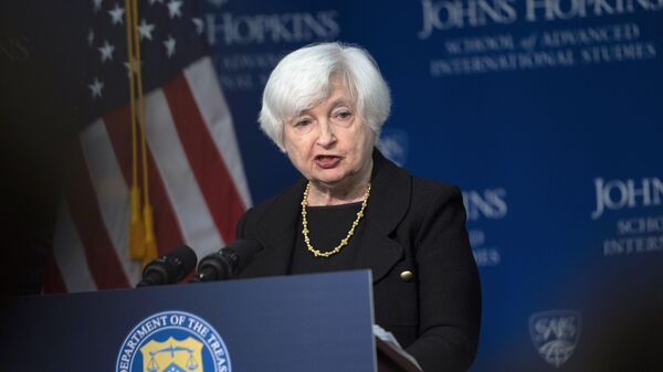 Treasury Secretary Janet Yellen speaks on the U.S.-China economic relationship at Johns Hopkins University School of Advanced International Studies, Thursday, April 20, 2023, in Washington. - Sputnik Africa