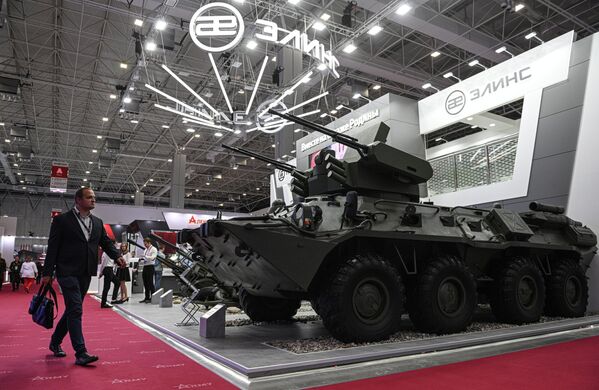 The new ZAK-23E anti-aircraft artillery system based on the BTR-82A armored personnel carrier armed with a module with two 2A7M 23-mm anti-aircraft guns at the exhibition as part of the Army-2023 International Military-Technical Forum at the Patriot Congress and Exhibition Center. The new ZAK-23E anti-aircraft artillery system based on the BTR-82A armored personnel carrier armed with a module with two 2A7M 23-mm anti-aircraft guns at the exhibition as part of the Army-2023 International Military-Technical Forum at the Patriot Congress and Exhibition Center. - Sputnik Africa