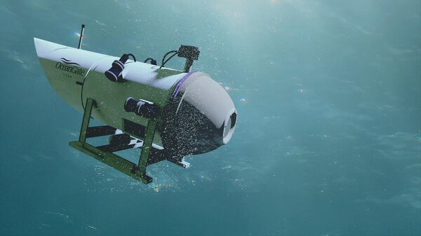 An artist's representation of the Titan submersible used by OceanGate Expeditions, which imploded near the wreck of the RMS Titanic on June 18, 2023. Five died in the accident. - Sputnik Africa