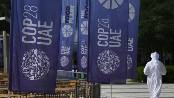 A person walks near signs for the COP28 U.N. Climate Summit, Tuesday, Nov. 28, 2023, in Dubai, United Arab Emirates.  - Sputnik Africa