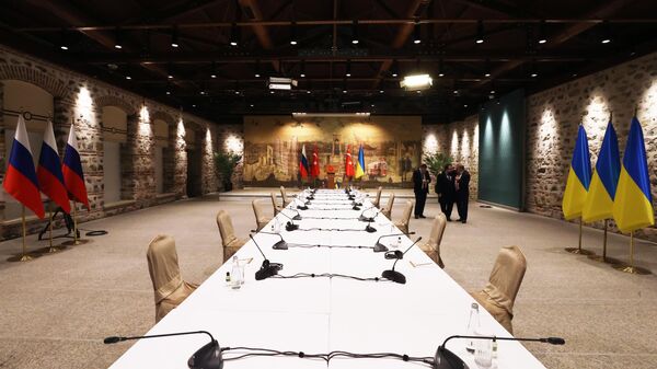 The table at which the Russian-Ukrainian negotiations took place at the Dolmabahce Palace, in Istanbul, Turkiye, in 2022. - Sputnik Africa