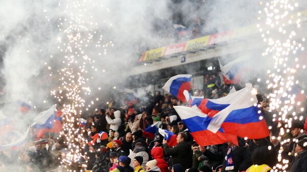 Russian national team fans celebrate after scoring a goal in a friendly football match between the Russian national team and the Zambian national team. March 25, 2025. - Sputnik Africa