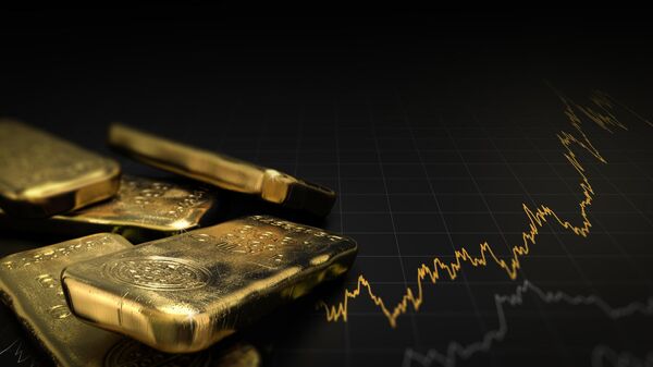 3D illustration of gold ingots over black background with a chart. Financial concept, horizontal image. - Sputnik Africa