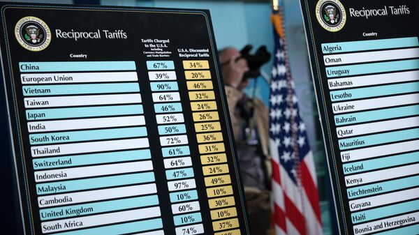 Charts that show the “reciprocal tariffs” the US is charging other countries are on display at the James Brady Press Briefing Room of the White House on April 2, 2025 in Washington, DC. - Sputnik Africa