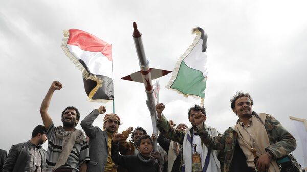 Houthi supporters attend a rally against the US airstrikes on Yemen and the Israeli offensive against the Palestinians in Gaza SAtrip, in Sanaa, Yemen, Friday, March 8, 2024. - Sputnik Africa