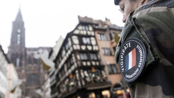 Un soldat français lors de l'Opération Sentinelle devant la Cathédrale Notre-Dame à Strasbourg - Sputnik Afrique